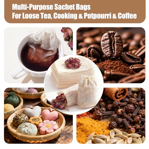 60Pcs Reusable Tea Bags for Loose Leaf Tea, 3x4inch Sachet Bags Empty, Unbleached Muslin Cloth Bag with Drawstring for Potpourri Spice Rosemary cheese cloths cheesecloth Coffee Herbs Cooking Soup