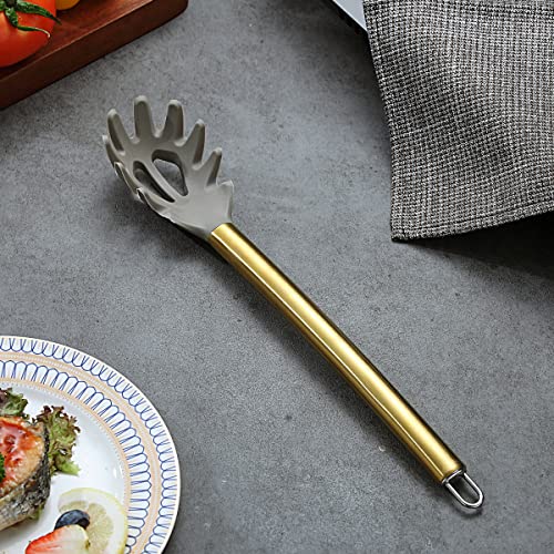 Gold Spaghetti Spoon, Berglander Non-stick Silicone Pasta Server With Titanium Gold Plating Handle, Spaghetti Server For Cooking, Pasta Fork, Noddle Fork, Dishwasher Safe, Easy to Clean - style: k Pasta Server