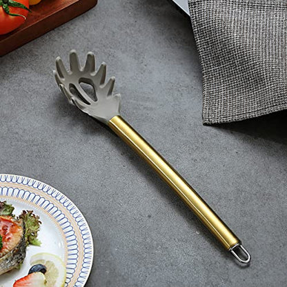 Gold Spaghetti Spoon, Berglander Non-stick Silicone Pasta Server With Titanium Gold Plating Handle, Spaghetti Server For Cooking, Pasta Fork, Noddle Fork, Dishwasher Safe, Easy to Clean - style: k Pasta Server