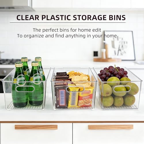 6 Pack Thick Clear Stackable Storage Bins, Cabinet Organizer, Plastiic Containers with Handle for Kitchens, Bathrooms and Fridge and Desktop