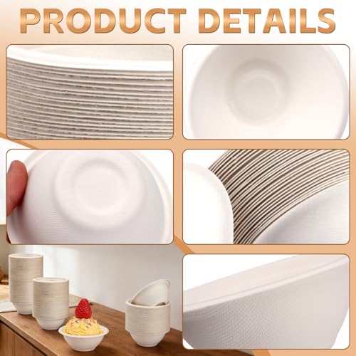 LeonBach 150 Pack 6oz Natural Bagasse Fiber Bowls, Small Disposable Paper Bowls Microwavable Safe Sample Snack Cups Charcuterie Serving Cups for Sauce Portion Condiment Ice Cream Desserts, White - color: White, style: 6oz-150 Pack