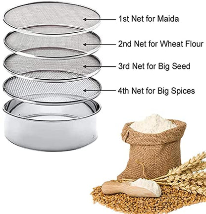 4 In 1 Stainless Steel Interchangeable Sieve Set of 5 Flour Spices Food Strainers Atta Chalni Jaali Channi Atta, Maida Strainer - Silver, Length 8 Inch, Width Height 2.5 Inch