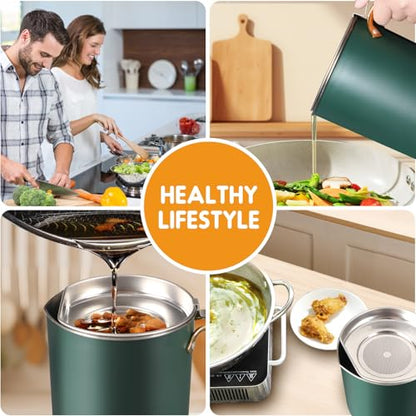 Chihee Grease Container Stainless Steel 2L / 67.6 fl oz Fine Mesh Strainer | Easy to Clean Large Spout Bacon Grease Saver Cooking Oil Keeper Stoarge Can with Dust-proof Lid Non-slip Tray Kitchen Frying - color: Dark green/Golden(2L)