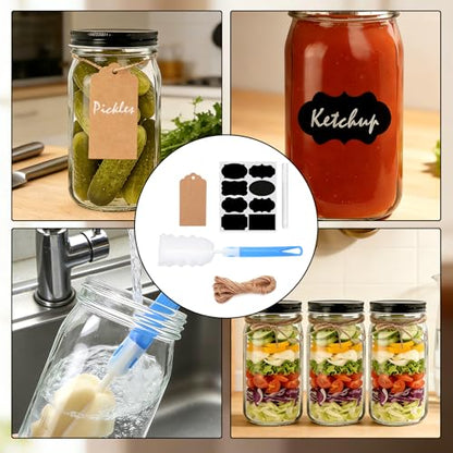 QAPPDA 32 OZ Glass Jars with Lids Set of 12,Clear Wide Mouth 1000ML Glass Mason Jar with Airtight Lid,Durable Glass Food Storage Canning Jars for Pickles,Jams,Preserving - size: 32oz - Black Lid
