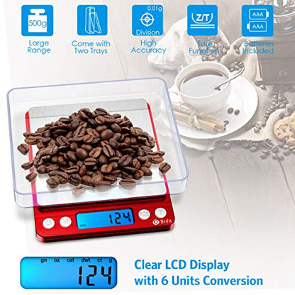 AMIR Upgraded Digital Kitchen Scale, 500g Mini Pocket Jewelry Scale, Cooking Food Scale with Back-Lit LCD Display, 2 Trays, 6 Units, Auto Off, Tare, Stainless Steel (Batteries Included) - color: Red