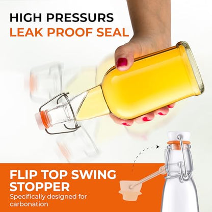 Bellemain Swing Top Glass Water Bottles – Reusable Clear Glass for Juice, Oil, Kombucha, liquor, Beer or Kefir – Airtight Flip Top Bottles for Kitchen & Brewing – Set of 4 (16oz)