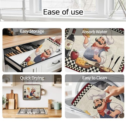 Dish Drying Mat for Kitchen Counter, Chef with Cheese Absorbent Dish Mats Foldable Microfiber Drainer Pad 1PCS 18"x16", Wine Bottle Black Plaid Frame Plate Holder Mat for Countertop Sink Decor - size: 1PCS-16x18in