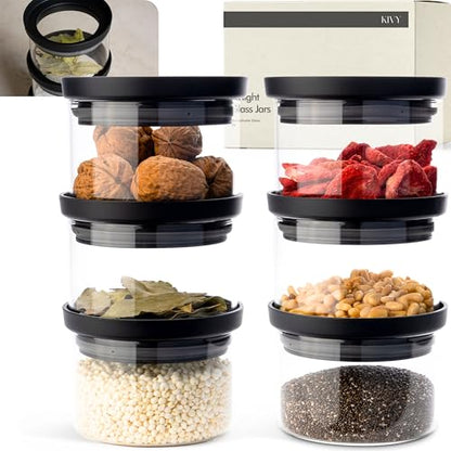 KIVY Glass spice jars transparent Glass Lid [6x 12oz] Stackable & Airtight small glass jars - Spice containers - Seasoning jars tea - Spice storage containers - Spice jars with black lids & labels - size: 12oz * 6