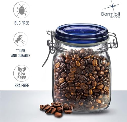 Bormioli Rocco Fido Square Jaw with Blue Lid, 25-1/4-Ounce, 149520M04121197 - color: Clear, size: 25.25 fl oz