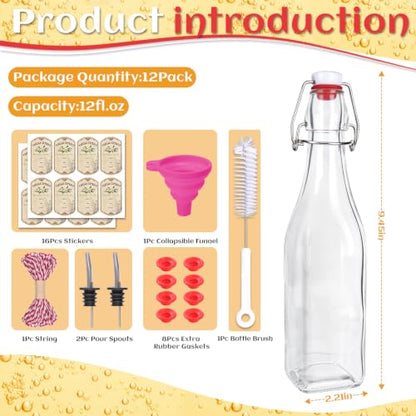 Alotpower 12 Pack 12oz Square Swing Top Glass Bottles with Airtight Lids | Flip Top Glass Bottles for Vanilla Extract,Home Brewing,Kombucha,Vinegar,beer, oda,beverages - Included Complete Brewing Kit - color: 12pack, size: 12 Ounces