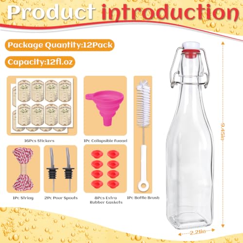 Alotpower 12 Pack 12oz Square Swing Top Glass Bottles with Airtight Lids | Flip Top Glass Bottles for Vanilla Extract,Home Brewing,Kombucha,Vinegar,beer, oda,beverages - Included Complete Brewing Kit - color: 12pack, size: 12 Ounces