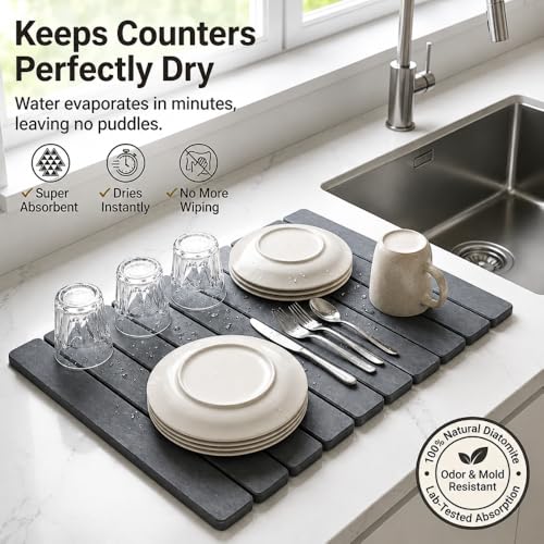 Stone Dish Drying Mat for Kitchen Counter, Large Quick Dry Diatomaceous Earth Stone Drying Mat, Foldable Water Absorbent Dish Drying Mat for Dishes, Cups, Bottles, Kitchen Sink & Countertop (Grey) - color: Gray