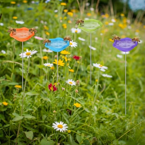 4 Pack Resin Bee Watering Station for Butterfly Garden Cups Bath Bee Feeders for Thirsty Pollinators Outdoor Garden Yard Stakes Decor Flower Design Plastic Free Attracting Glaze(Classic) - style: Classic