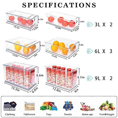 Mano Stackable Fridge Drawers Pull Out Bins with Handle Clear Refrigerator Drawers Organizer Food Storage Container Box with Dividers Plastic Produce Saver for Pantry, Cabinet, Kitchen, Clothes（7Pack） - style: 3*6L+2*3L+2*9L