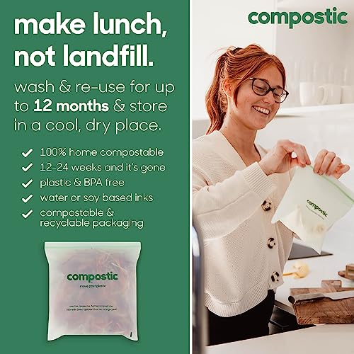 Compostic Compostable Snack Bags, Snack Size (180 + 20 Count) Bulk Pack — Resealable Zip-Seal, Plant-Based, Home Compostable, Freezer Safe, BPA-Free, Non-Toxic, GMO-Free Food Storage Bags - size: 180 Count, style: Snack