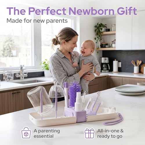 lalalark 7-in-1 Baby Bottle Brush Set, BPA Free Silicone Baby Bottle Cleaning Kit with No Scratch Dual-Headed Brush, Nipple Brushes,Soap Dispenser & Drying Rack,Travel Cleaner with Storage Case,Purple - color: Purple