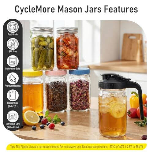 CycleMore 32 oz Wide Mouth Mason Jars with Airtight Metal Lids, 6-Pack Canning Jars with Colorful Plastic Lids & Pitcher Lid, Quart Jars for Overnight Oats, Pickling, Cold Brew, and Sun Tea