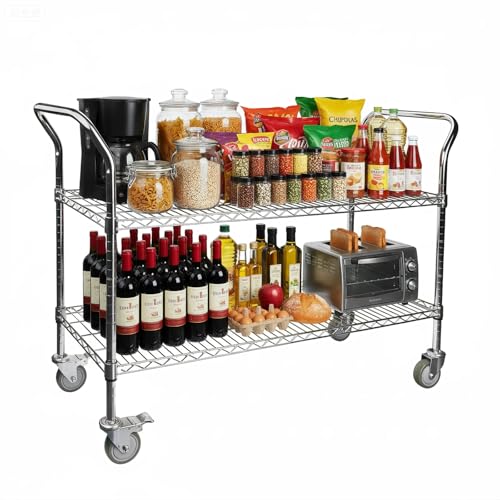 Northsky 2-Shelf Wire Utility Cart on Wheels, Chrome Finish Rolling Metal Shelving with Wheels, 550lb Capacity, 47" x 18" x 38" 47 in x 17.5 in x 38 in, 2 Tier Rolling Cart for Kitchen Bar Storage Use - size: 47" x 18" x 38"