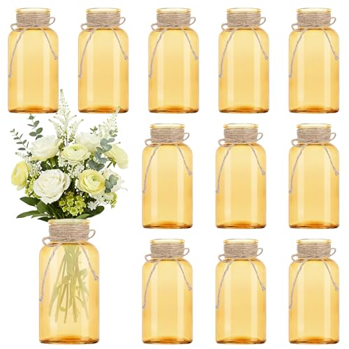Vintage Glass Flower Vase, Farmhouse Glass Centerpiece Vases Mason Jars for Weddings, Parties & Home Decor Bulk (12, Gold) - color: Gold