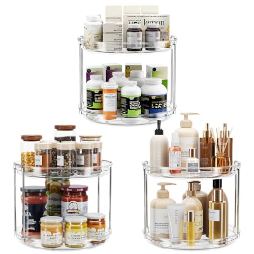LAMU 3 Pack 2 Tier Lazy Susan Turntable Organizer 9.25'' Rotating Spice Rack Organization for Cabinet, Kitchen, Pantry, Countertop, Bathroom, Vanity, Medicine Cabinet Organizer, Clear - color: Clear, size: 9.25in 3 Pack