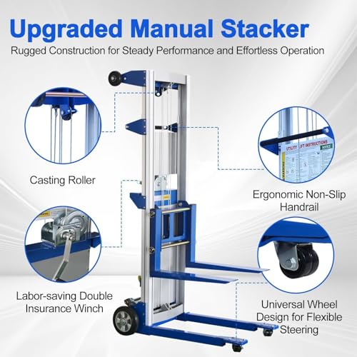 122" Material Lift Winch Stacker, 400 lbs Capacity Manual Material Lifts, Fixed Straddle Material Lifter, Hand Winch Lift Trucks for Warehouse, Factory, Lightweight, 34.60" L x 24.80" W, Blue - color: Blue