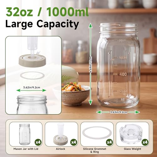 4 Sets Fermentation Kit for Mason Jar Includes Silicone Lids, 32 oz Wide Mouth Jars with Date Tracker, Glass Weights with Handle, Airlocks for Sauerkraut Kimchi Pickles Vegetable