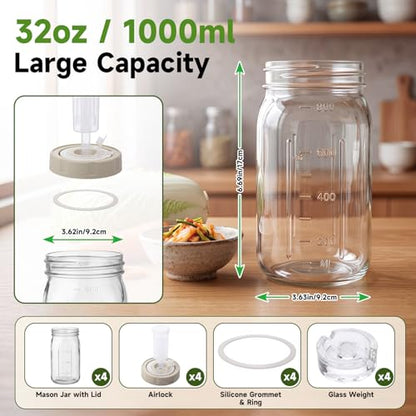 4 Sets Fermentation Kit for Mason Jar Includes Silicone Lids, 32 oz Wide Mouth Jars with Date Tracker, Glass Weights with Handle, Airlocks for Sauerkraut Kimchi Pickles Vegetable