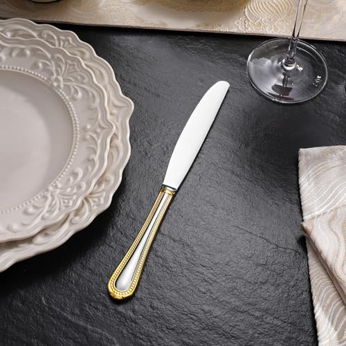 KEAWELL Pearl Edge 4-Piece Premium Dinner Knives: Stainless Steel Table Knives with a Refined Bead Design, Brightly Polished, 9.6 Inches, Dishwasher Safe. (Gold Accent) - color: Gold Accent