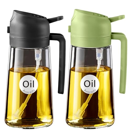 YARRAMATE Olive Oil Dispenser, 2 in 1 Oil Sprayer for Cooking, 16oz/470ml Glass Oil Spray Bottle with Pourer, Food-grade Oil Dispenser and Oil Sprayer for Kitchen, Salad, Frying, BBQ (Black & Green) - color: 07_2Pcs Black&Green