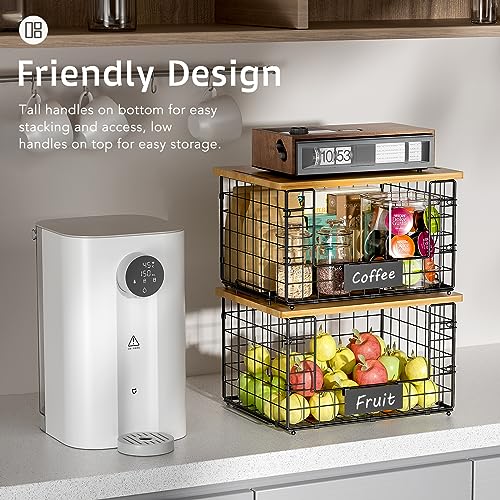 2 Pack Stackable Wire Baskets with Bamboo Top for Pantry Organizers and Storage, XXL Kitchen Organization Counter Basket for Fruit, Vegetable, Produce, Bread, Potato and Onion Storage Bins - size: XXL-15.2x11.02x9.84