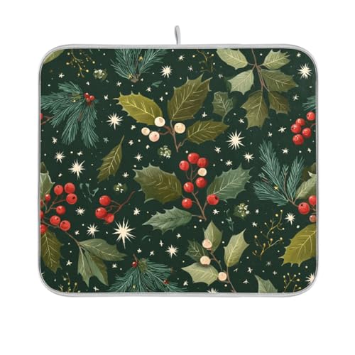 Green Christmas Holly Berries Pine Needles Leaves Dish Drying Mat for Kitchen Counter Drainer Rack Mats for Dishes Washable Absorbent Draining Heat Resistant Pad for Countertop 16 x 18 - color: Green Christmas Holly Berries Pine Needles Leaves, size: 16''