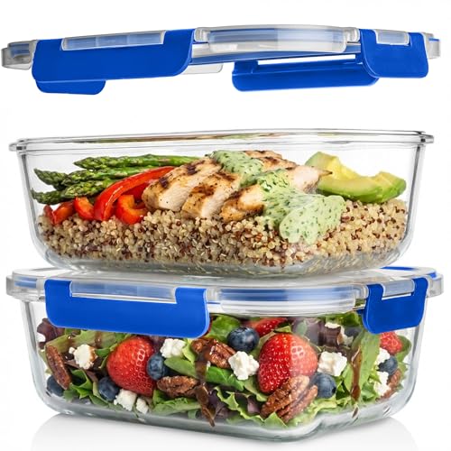 Razab 2 Pcs 1860ml / 63 Oz Large Glass Food Storage Containers with Lids - Glass Meal Prep Containers with Locking Lids for Roasting, Storing Leftover, Lunch Container, BPA Free, Microwave & Oven Safe - color: Blue