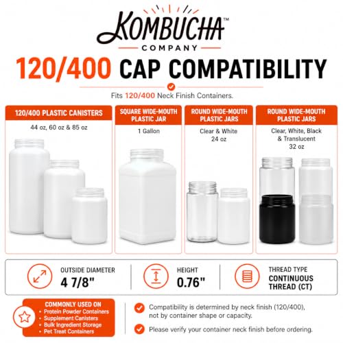 120mm (4 7/8 ") Fit - (1 Pack) Large Black Plastic Lid for 1 Gallon Wide Mouth Glass & Plastic Jars – PE Foam Liner, Food-Grade, Leak-Resistant Caps (Jars Not Included) by The Kombucha Company - color: Black