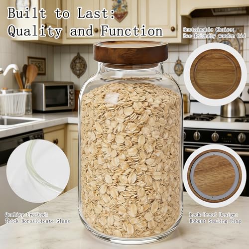 2-Pack Large Glass Flour and Sugar Storage Containers, 95 oz / 2800 ml Airtight Glass Jars with Wooden Lids, Clean & Elegant Canisters for Storing Rice, Pasta, Oats, Candy, Cookies and More - size: Large