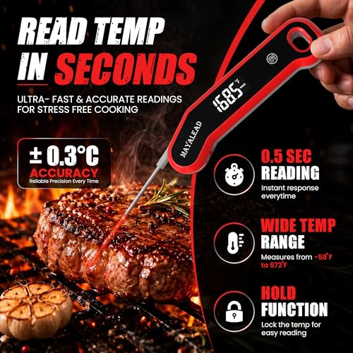 0.5 Sec Instant Read Meat Thermometer Digital Food Thermometer for Cooking Precise ±0.3℃, Magnet Store, Large Bright LED Display IP67 Waterproof BBQ Thermometer for Grill, Oven & Kitchen (Red)