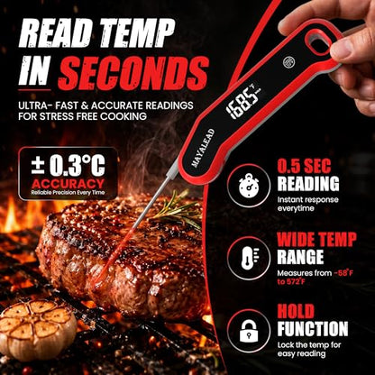 0.5 Sec Instant Read Meat Thermometer Digital Food Thermometer for Cooking Precise ±0.3℃, Magnet Store, Large Bright LED Display IP67 Waterproof BBQ Thermometer for Grill, Oven & Kitchen (Red)