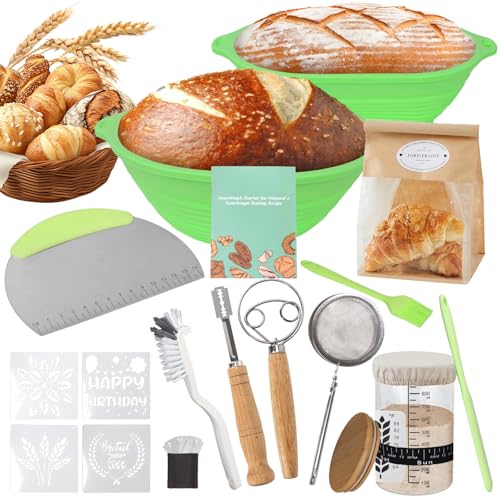 Sourdough Starter Kit,Sourdough Bread Baking Supplies(Green),10 Inch Oval & 9 Inch Round Banneton Bread Proofing Basket Set with Sourdough Starter Jar,Sourdough Kit Gifts for Baking Lovers