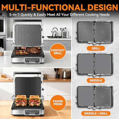 Baker's Friend 4-slice Panini Press Grill Cheese Sandwich Maker, Electric Grill Indoor with Temperature Setting, Opens 180 Degrees, Dual Non-stick Surfaces, 4-circle Silicone Mold, Reversible Plates - color: Silver