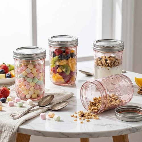 WELLIFE 6-Pack Mason Jars 16 oz with Lids – Wide Mouth Glass mason jars, Airtight Leak-Proof canning jars 16 oz for Food Storage, Fermenting, Pickling, Freezing, and Crafts - color: Pink Mason Jars 16oz-6Pcs