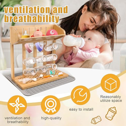 Windspeed Wooden Bottle Drying Rack for Baby Bottle Rack Dryer with Drain Pad, Space Saving for 11 Milk Glass Baby Feeder, Ideal Too for Busy Parents