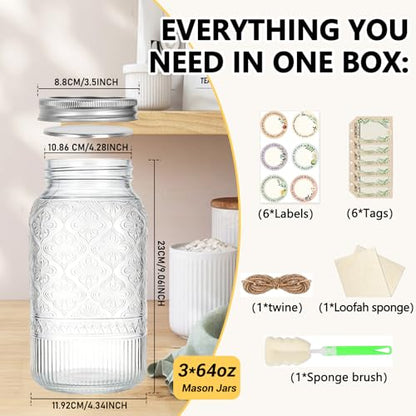 64oz Mason Jars Wide Mouth 3 Pack, Half Gallon Glass Canning Jars with Airtight Lids, Large Glass Containers for Pantry Storage, Fermenting, Pickling, Cold Brew, DIY Projects - color: Clear01-64oz