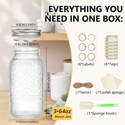 64oz Glass Mason Jars Wide Mouth 3-Pack with Airtight & Leakproof Lids | Half Gallon Canning Jars with Silver Split Lids, Large Containers for Pantry, Fermenting, Pickling, Cold Brew, DIY Projects - color: Clear01-64oz