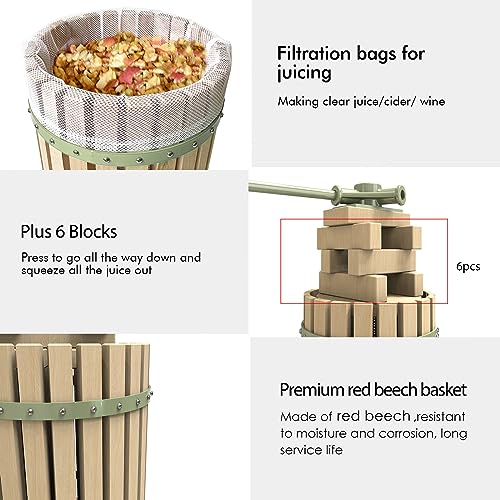 1.6 Gallon Green Fruit and Wine Press, Manual Cider Juice Maker with Solid Beech Wood Basket & Heavy-Duty Stand for Apples, Grapes, Berries - color: Green, size: 1.6 Gallon