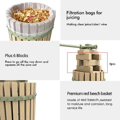 1.6 Gallon Green Fruit and Wine Press, Manual Cider Juice Maker with Solid Beech Wood Basket & Heavy-Duty Stand for Apples, Grapes, Berries - color: Green, size: 1.6 Gallon