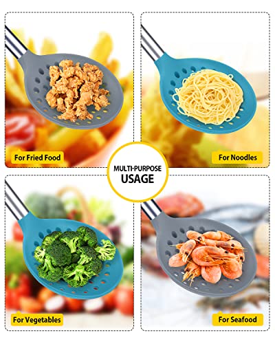 Kitchen Ladle Strainer Set of 2 Large Slotted Spoon with High Heat Resistant BPA Free Non Stick Cooking Skimmers For Draining and Frying (Grey and Teal Blue) - color: Grey and Teal Blue