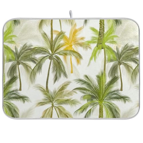 Tropical Palm Trees Ivory Dish Drying Mat for Kitchen Counter Super Absorbent Draining Mat with Non-slip Backed Dish Drying Pad for Dish Bottles Cups Bowl Countertops Sinks Draining Racks