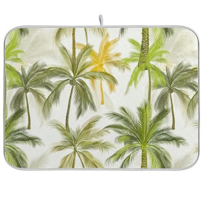 Tropical Palm Trees Ivory Dish Drying Mat for Kitchen Counter Super Absorbent Draining Mat with Non-slip Backed Dish Drying Pad for Dish Bottles Cups Bowl Countertops Sinks Draining Racks