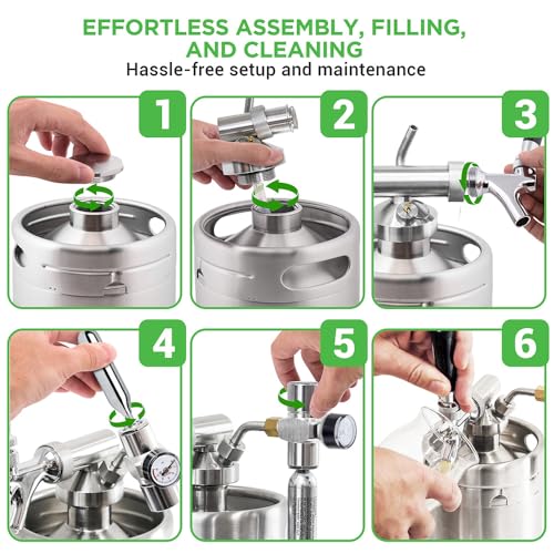 NutriChef Pressurized Growler Tap System, 64oz Stainless Steel Mini Keg Dispenser Portable Kegerator Kit, Co2 Pressure Regulator Keeps Carbonation for Craft Beer, Draft and Homebrew - size: 64oz