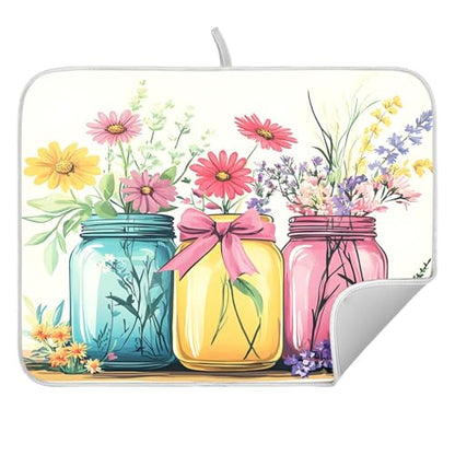 Mason Jar Flower Dish Drying Mat Dishes Pad Absorbent Fast Dry Dish Drainer Mat Protector for Kitchen Counter 16x18 Inches - size: 16" x 18"