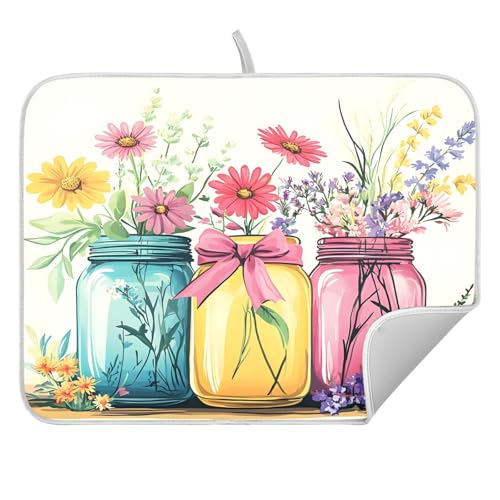 Mason Jar Flower Dish Drying Mat Dishes Pad Absorbent Fast Dry Dish Drainer Mat Protector for Kitchen Counter 18x14 Inches - size: 18" x 24"